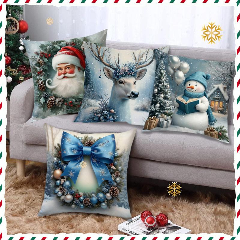 Christmas Pillow Cover - Festive Cartoon Linen Cushion Covers for Sofa Decor Pillowcase Xmas Cushion Cover Gift  ( No Pillow Core )