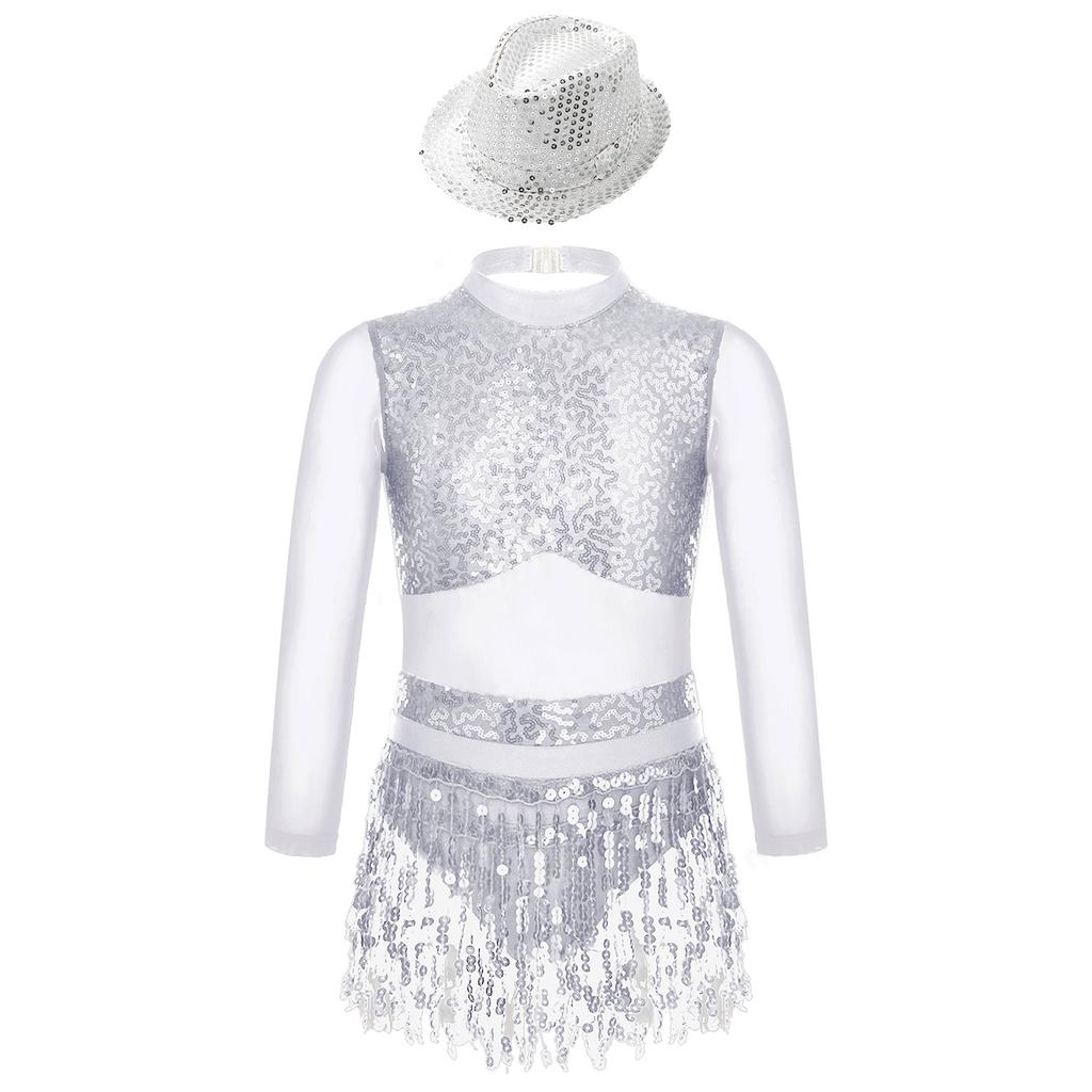 Mädchen Jazz Tanzkleid Langarm Hohlrücken Patchwork Design Glänzende Pailletten Quasten Bühnenoutfit