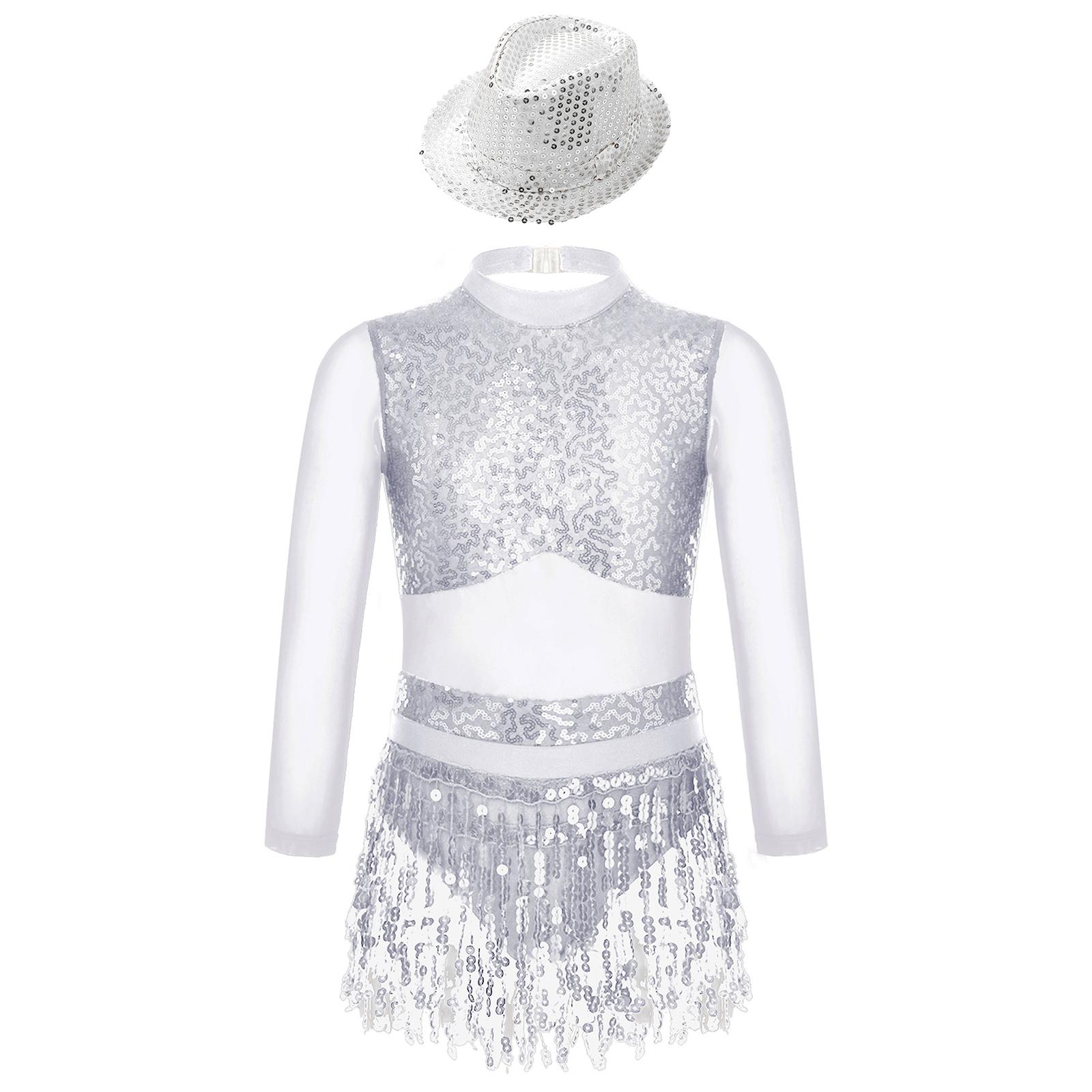 

Сукня для джазового танцю для дівчаток, з довгим рукавом, з порожнистою спиною, клаптиковим дизайном, блискучими паєтками та китицями, костюм для виступу 15-16 Years срібний