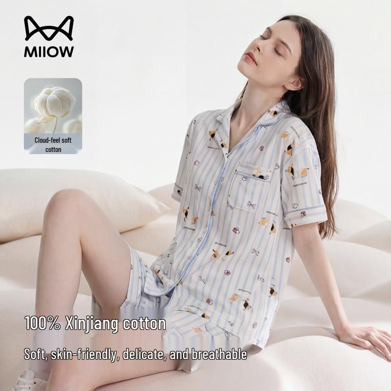 MaoRen Women s Summer Pure Cotton Printed Short Sleeve Cardigan Pajama Set 2XL
