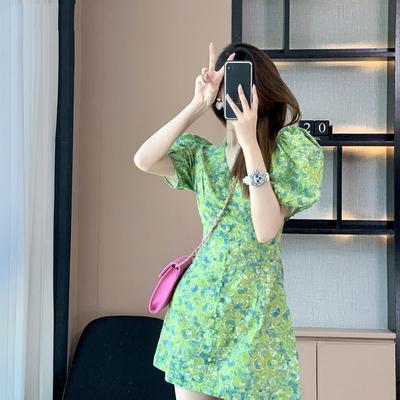 Romantic and Elegant Green Floral French Puff Sleeve Dress for Women