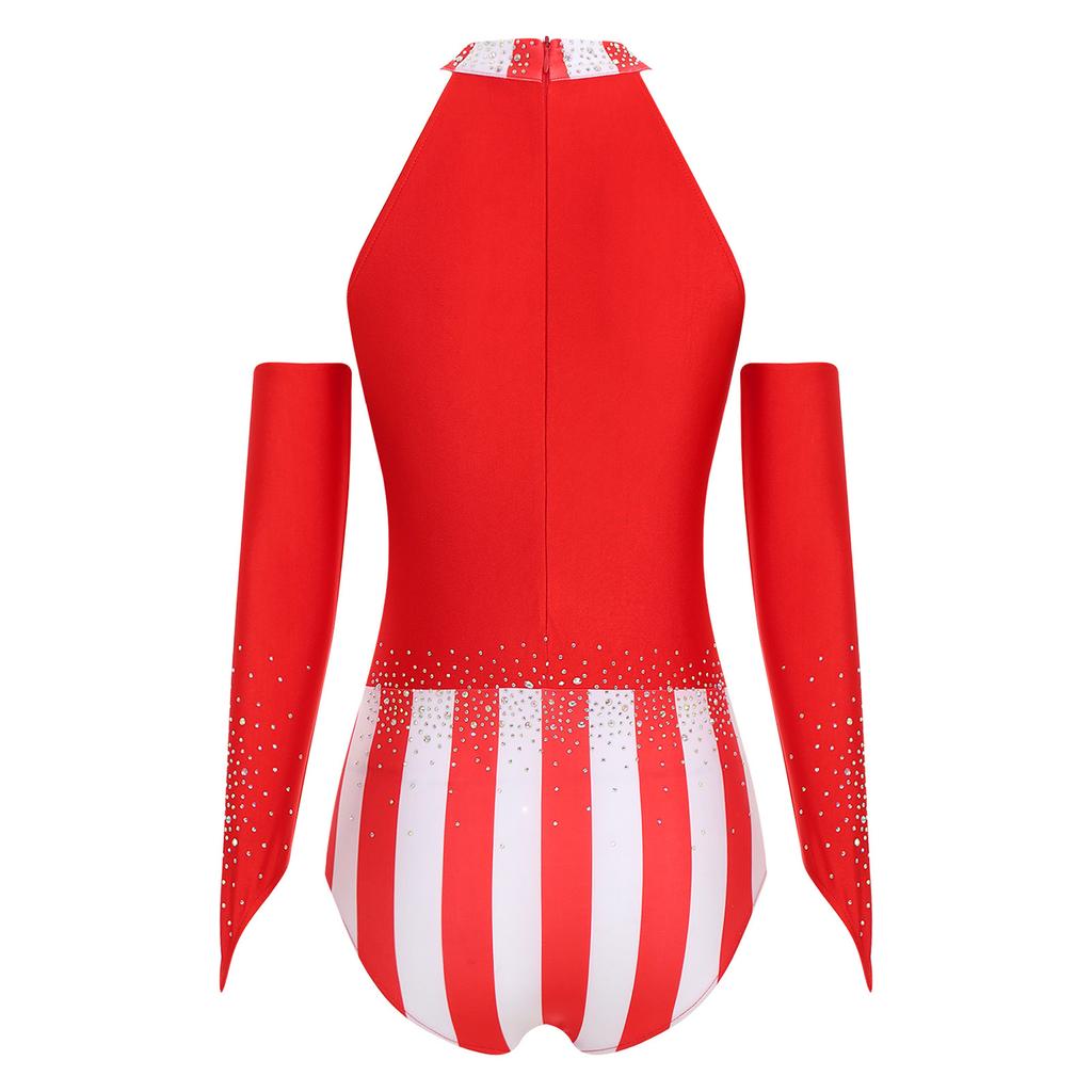 Glitterende Strass Kleurblok Maillot voor Dames S-3XL: Mouwloze Circus Ringmeester Bodysuit met Vingerloze Handschoenen voor Gymnastische Dans