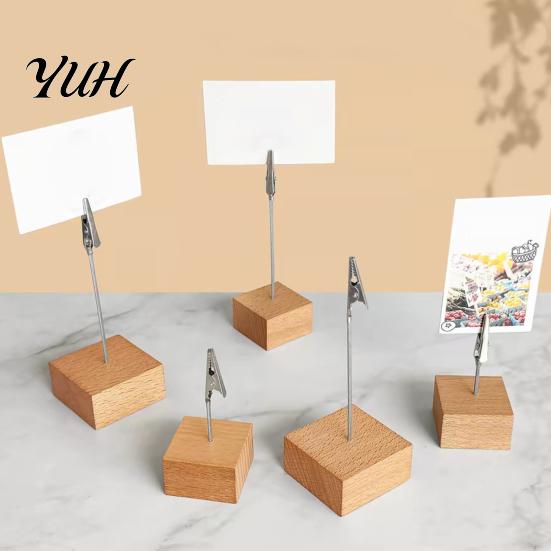 Business Receipt Organizer Wooden Cube Memo Clip Stand, Note Display Solid Wood Square Base Party Place Card Holder Holder, Vertical for Wedding