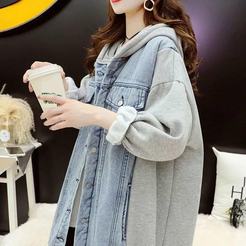 Mid-length Loose Hooded Cardigan Women's Stitching Denim Jacket Women's Solid Color Long-sleeved Warm Jacket with Pockets