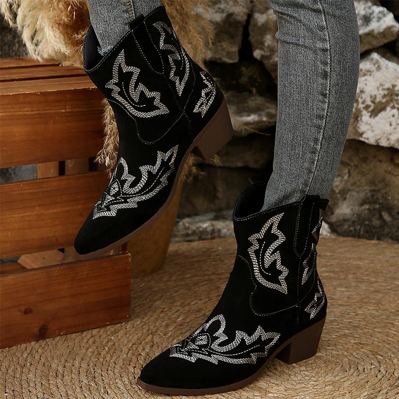 Fashion Vintage Embroidery Pattern Boots Women 2025 Square Heel Pointed Toe Ankle Boots Woman Comfortable Faux Suede Booties Mujer