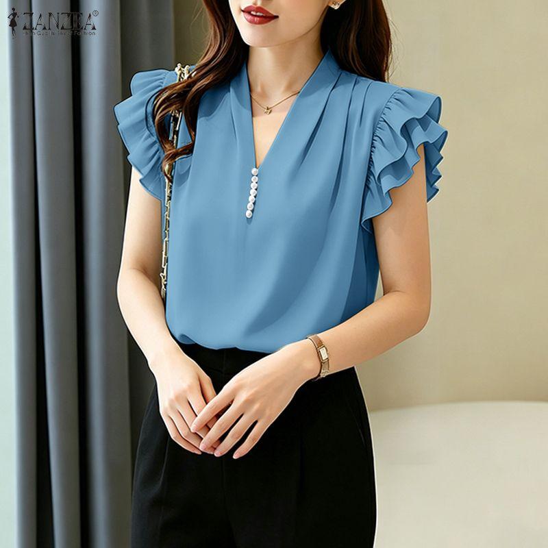 ZANZEA Women Casual V-Neck Ruffles Short Sleeve Elegant Blouse