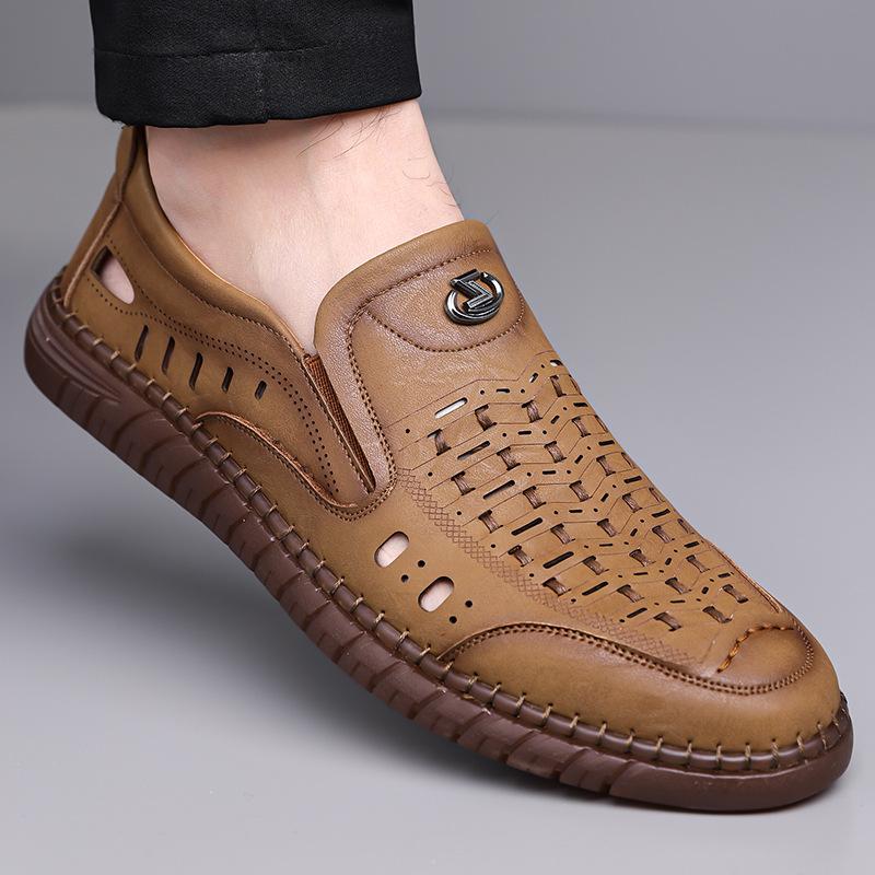 Pánské sandály, prodyšné, ležérní, tkané kožené sandály s dutým otvorem, pánské velké boty