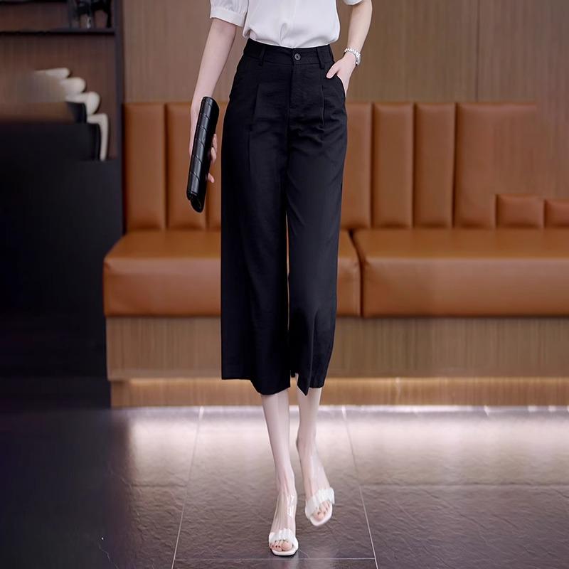 

Женские белые льняные брюки широкого кроя: Высокая талия, Стройнящий драп, Мода лето 2025 L [105-115 lbs] чёрный