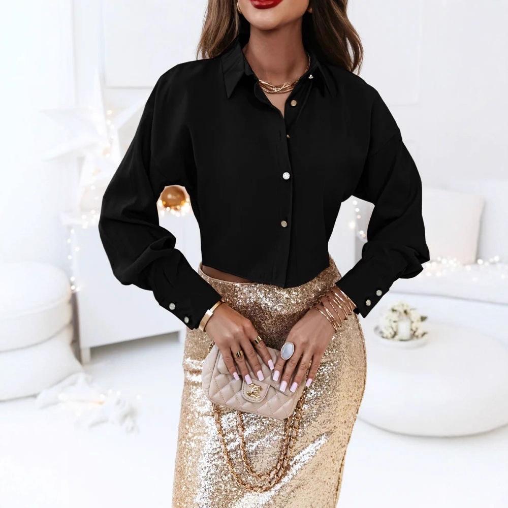 Autumn long-sleeved simple solid color V-neck women's shirt shirt women's clothing