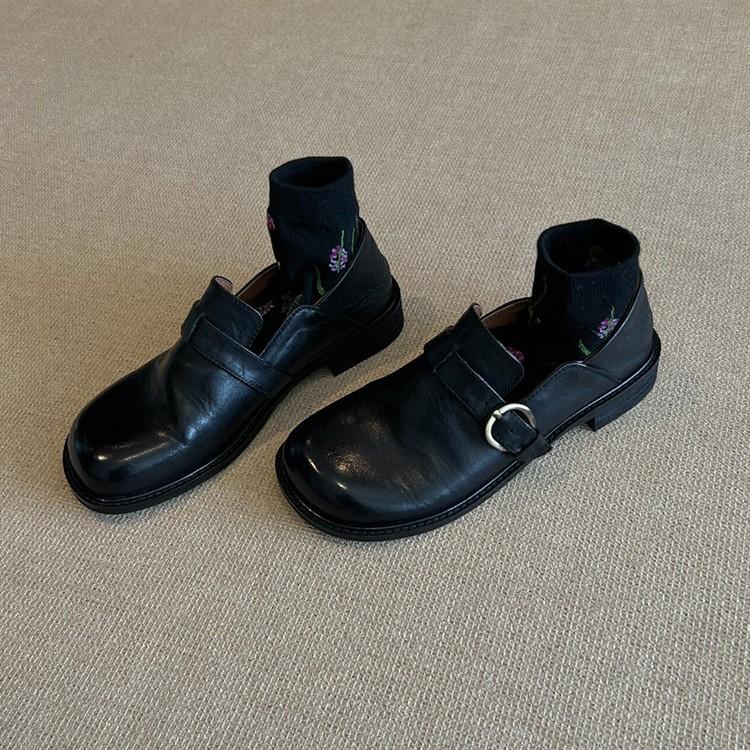 Sheepskin version~ genuine leather polished retro versatile small leather shoes women's British style single shoes belt buckle one pedal loafers