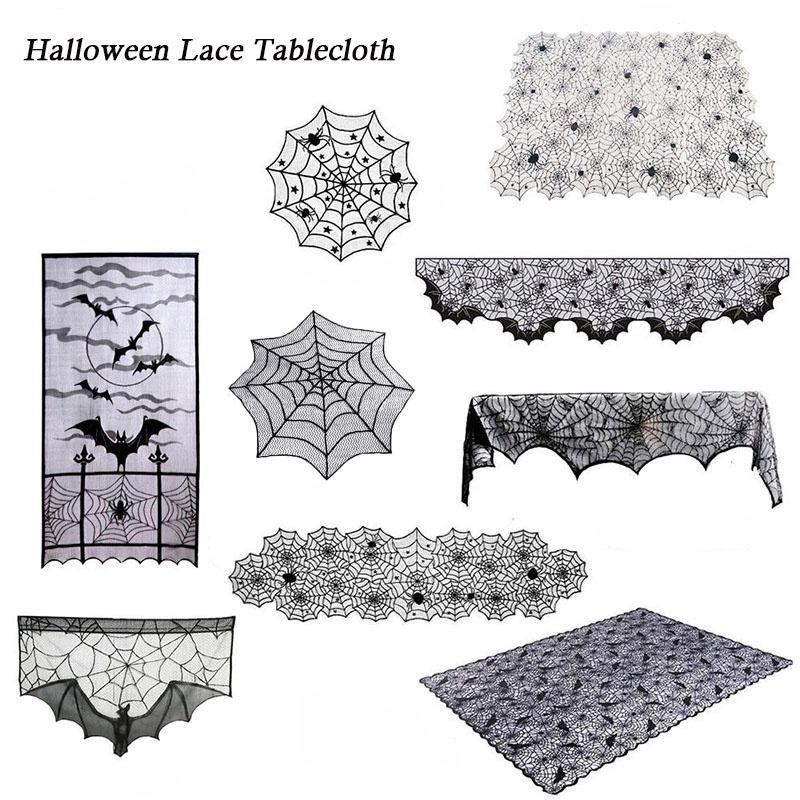 Spooky Black Lace Table Runner Featuring Intricate Spider Web Design For Halloween