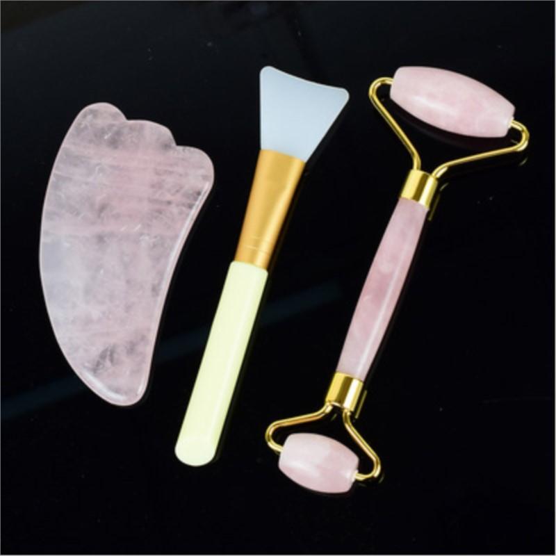 Pink crystal jade roller, facial mask brush set, facial massager, facial beauty powder crystal scraping board, heart-shaped