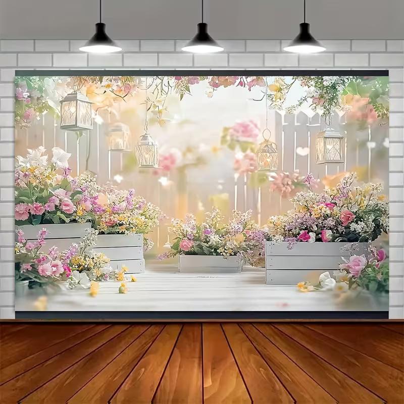 2D Pastel Garden Backdrop with Wooden Crates and Lanterns Background Cloth