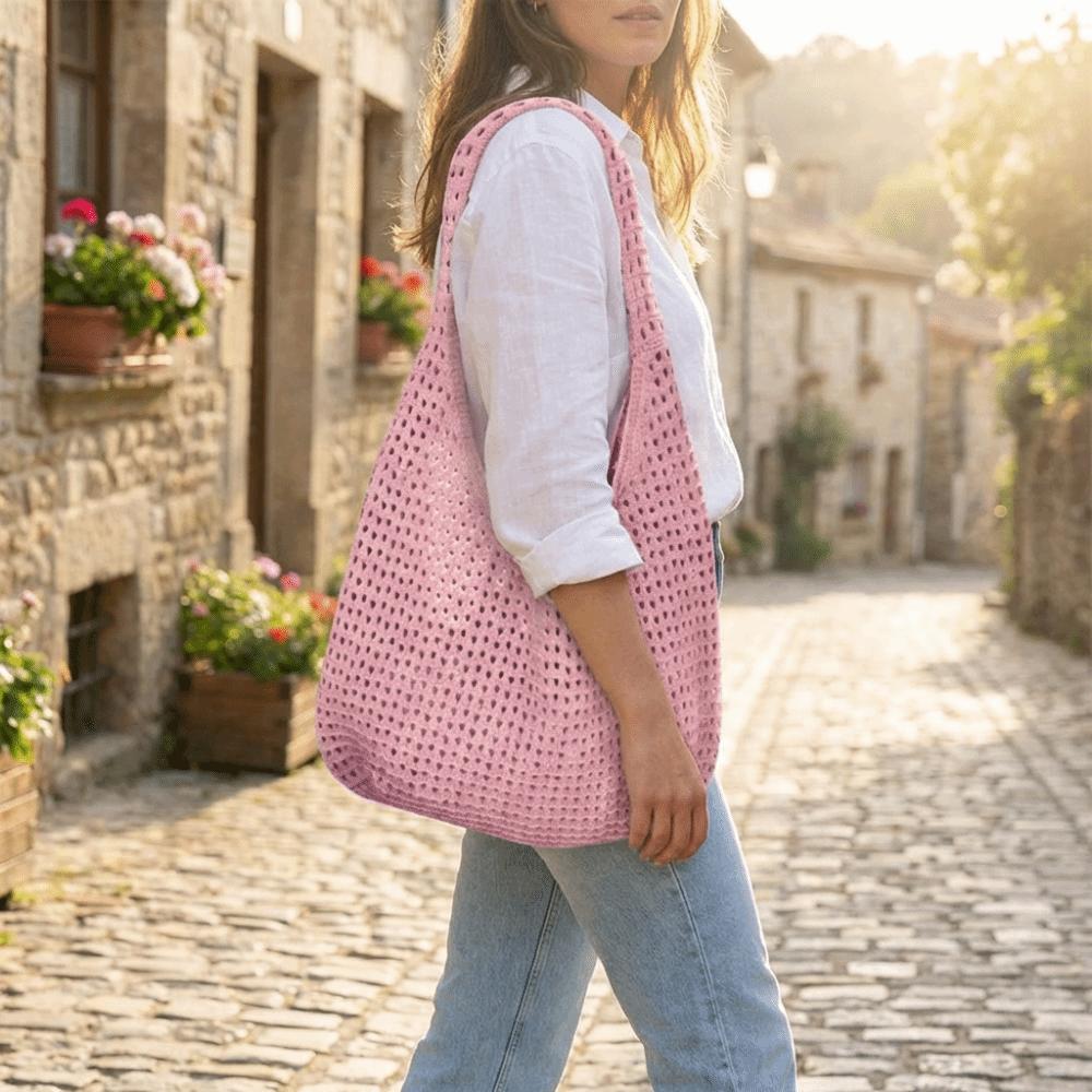 Large Capacity Crochet Mesh Tote Bag Bohemian Style Woven Handbag Knitted Shoulder Bag  Ladies
