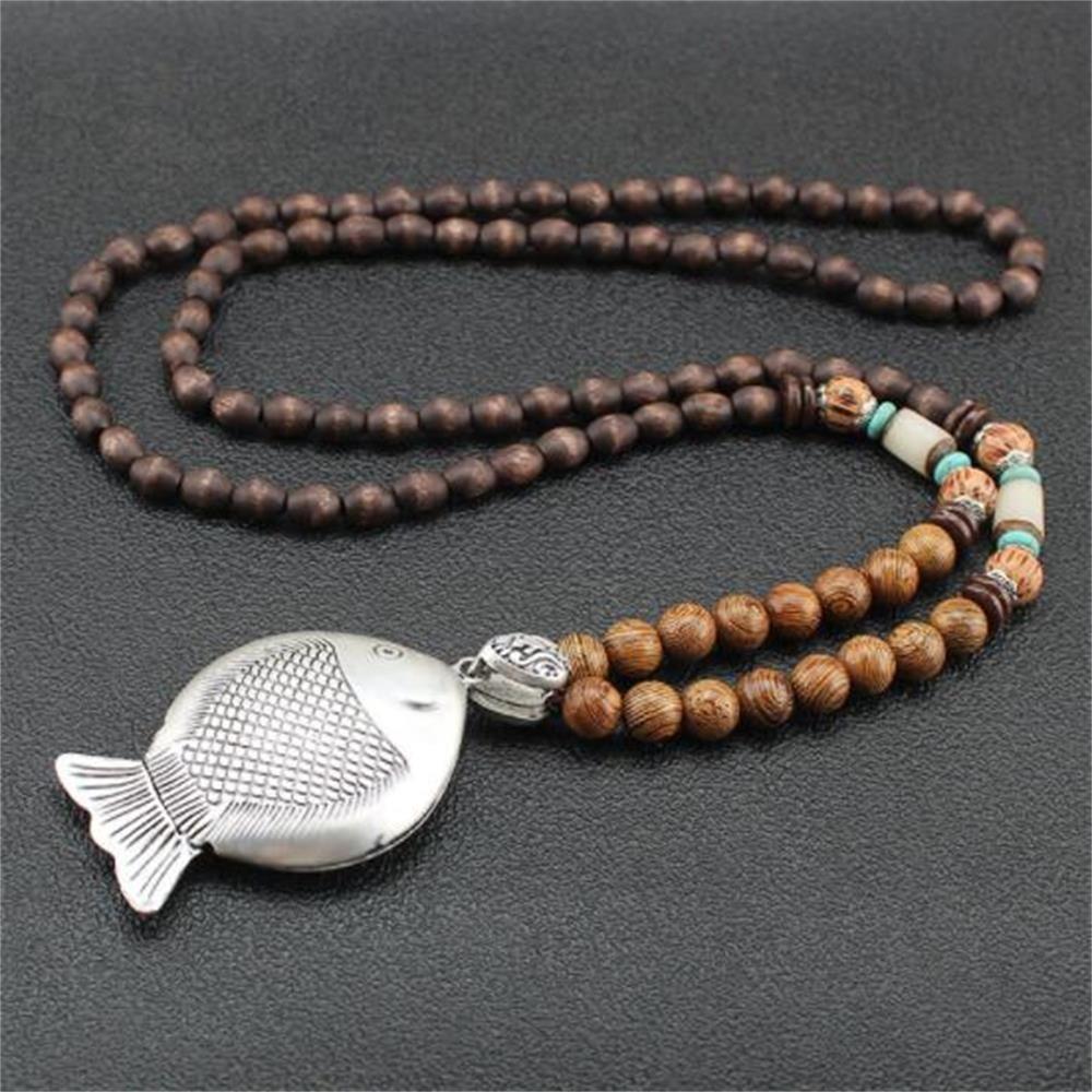 Vintage Ethnic Jewelry Party Lucky Gift Buddhist Horn Fish Pendant Mala Wood Bead Nepal Necklace