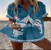 (Imitation Linen) Hot Sale Casual Holiday Shirt Set Beach 1D Printed Shirt Shorts Women's Set