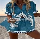 (Imitation Linen) Hot Sale Casual Holiday Shirt Set Beach 1D Printed Shirt Shorts Women's Set