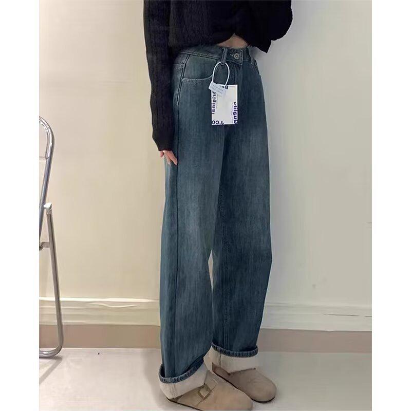 Women's Plus Size Fleece-Lined Wide Leg Jeans: Winter High Waist, Pear Shape, Floor Length