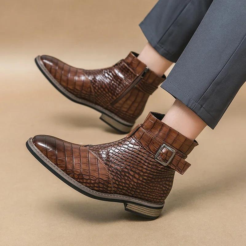 New Brown Ankle Boots for Men Zippper Black Crocodile Pattern  Square Toe Fashion Business Formal Men's Boots Size 38-46