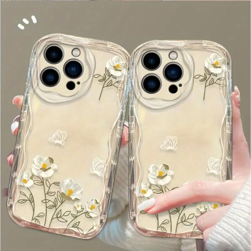 Simple flower transparent TPU soft case Apple 15 mobile phone case female iPhone17promax silicone 16 transparent case