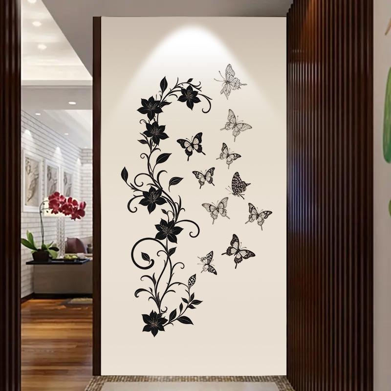 Black Floral Vine Butterfly Wall Sticker Self-Adhesive Removable for Living Room Hallway Bedroom Elegant Home Decor Art