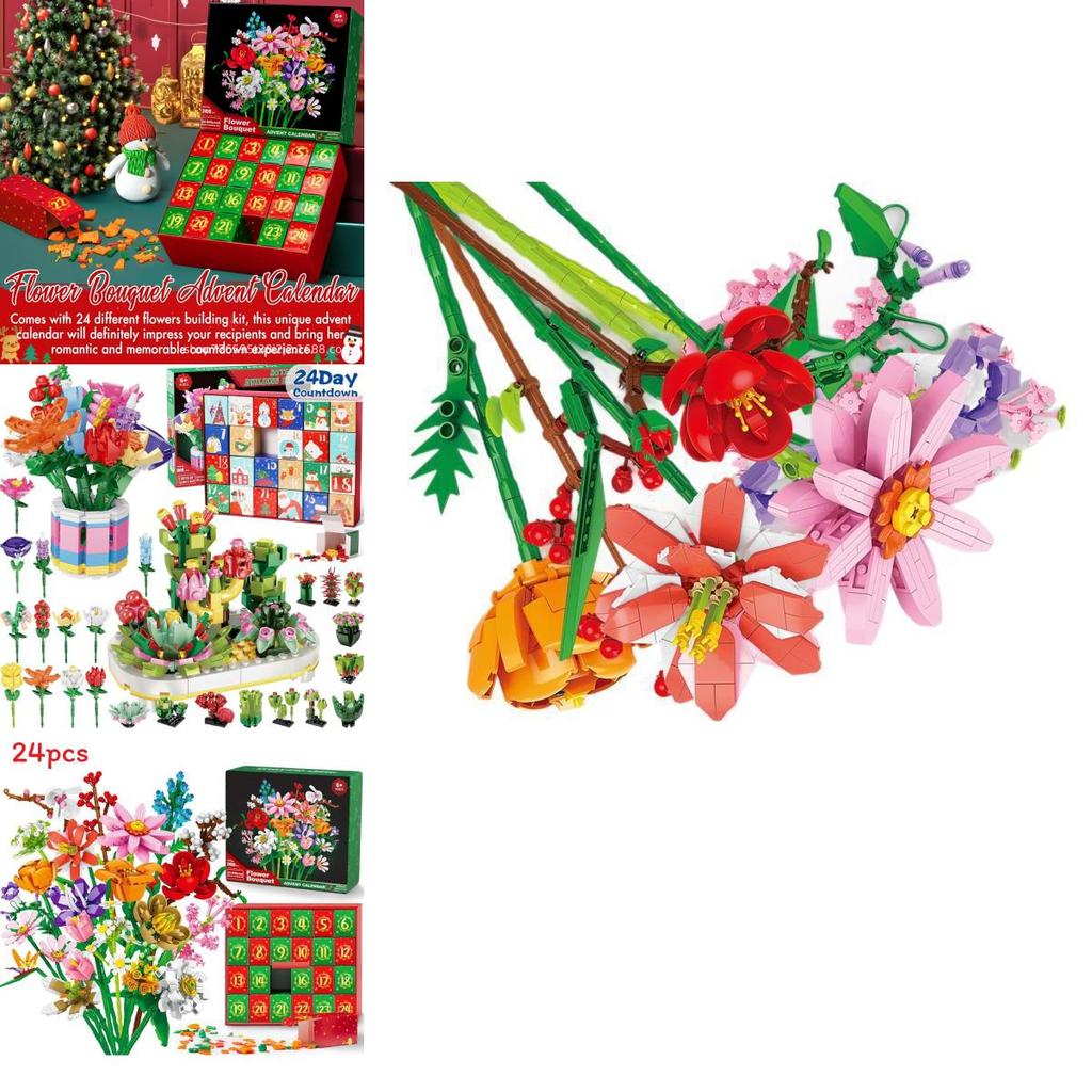 Calendario dell'Avvento Conto alla Rovescia di Natale a Mazzo di Fiori, Scatola Cieca, Set di Blocchi con Divertimento Fai-da-Te per la Decorazione delle Feste in Casa