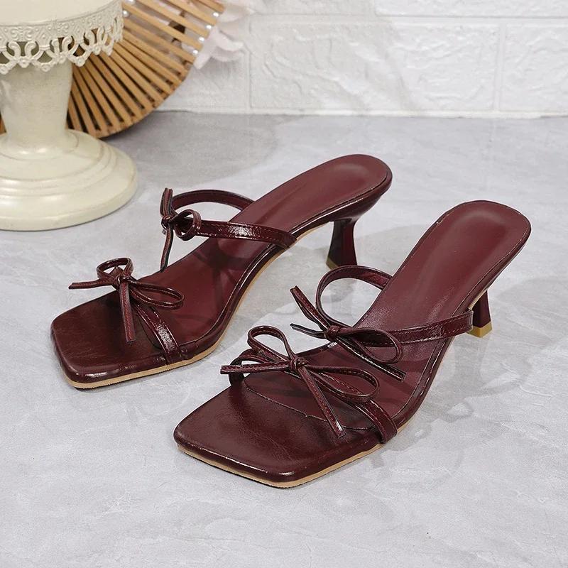 Fashion Sexy Wine Red Straps High Heels Sandals Women Square Toe Bowtie Summer Slippers Woman Heeled 2025 Elegant Party Wedding Shoes 42