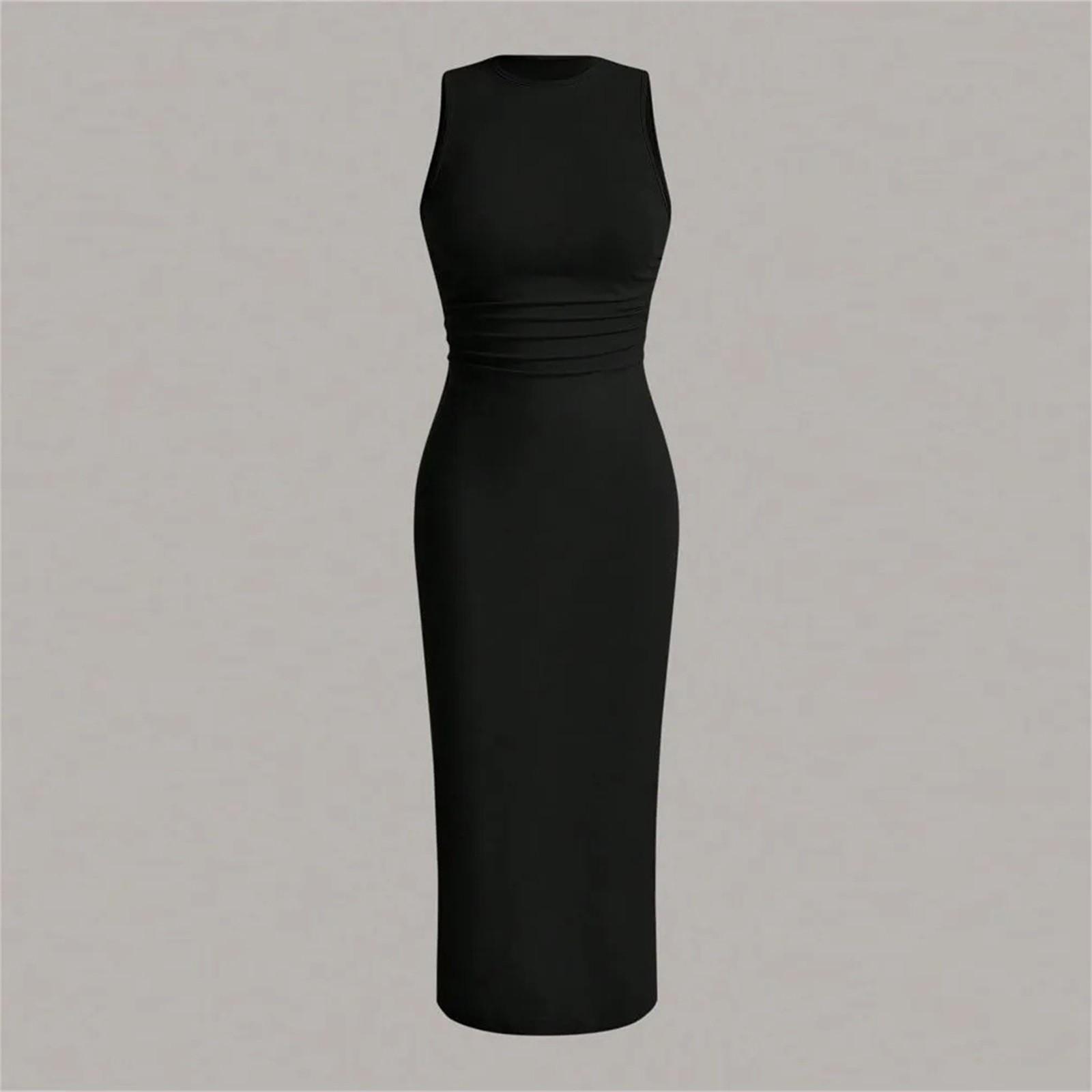 

Women s Fashion Casual Sexy O-Neck Solid Color Hollow Sleeveless Dress L чёрный
