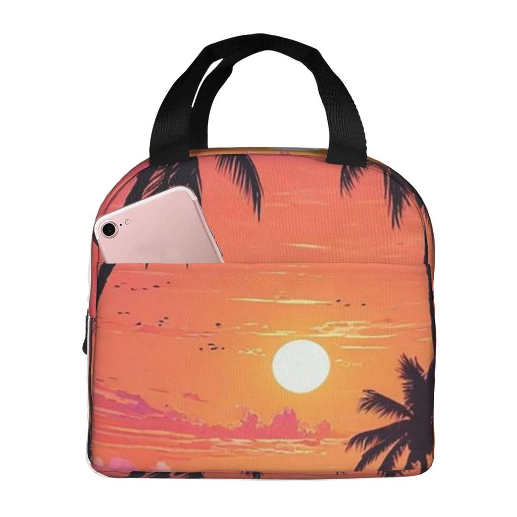Summer Beach Sunset Palm Tree Design Insulated Lunch Bag for Women Kids Portable Food Boxes Thermal Lunch Box Tote