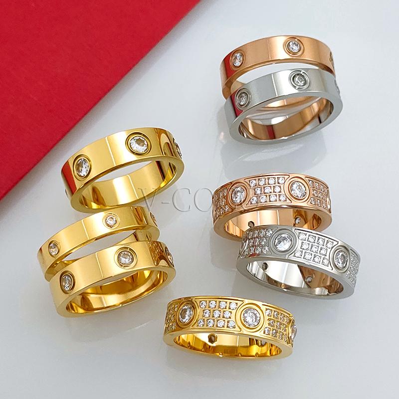 Anillo de Amor Clásico para Mujeres Hombres Pareja Acero Inoxidable Chapado en Oro de 18K Anillos de Cristal Circonita Cúbica Anillo de Boda Joyería de Lujo
