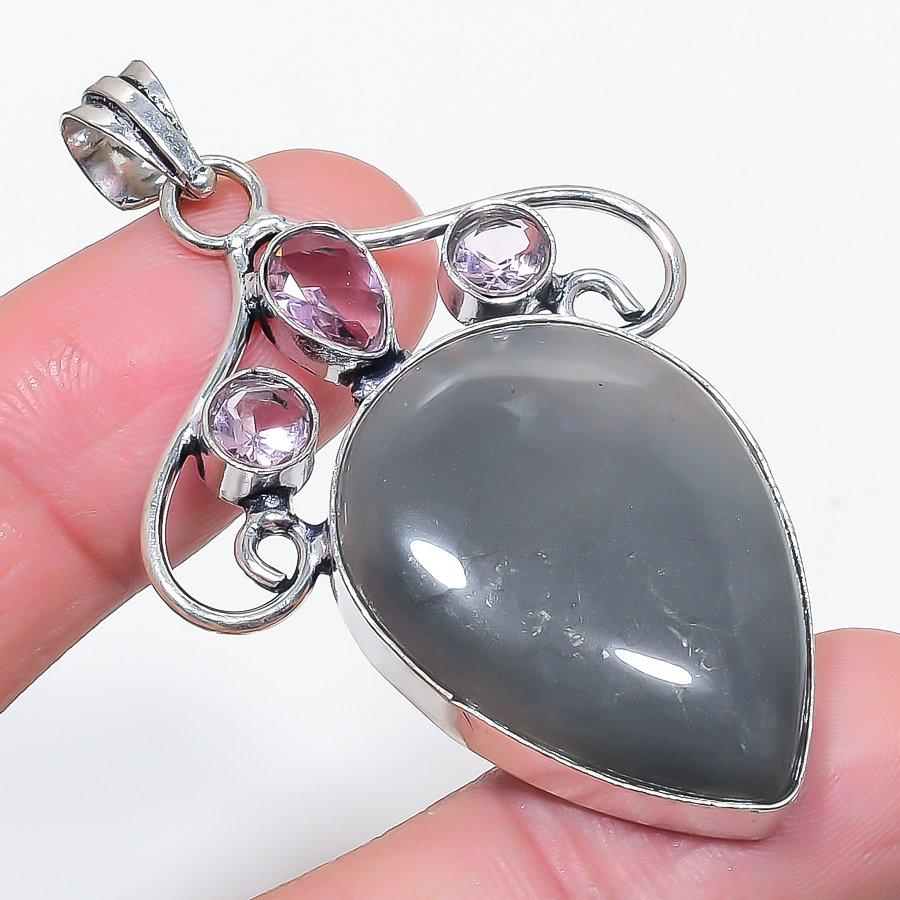 

Natural Silver Sheen Obsidian, Kunzite 925 Sterling Silver Pendant 2.36 o1i71