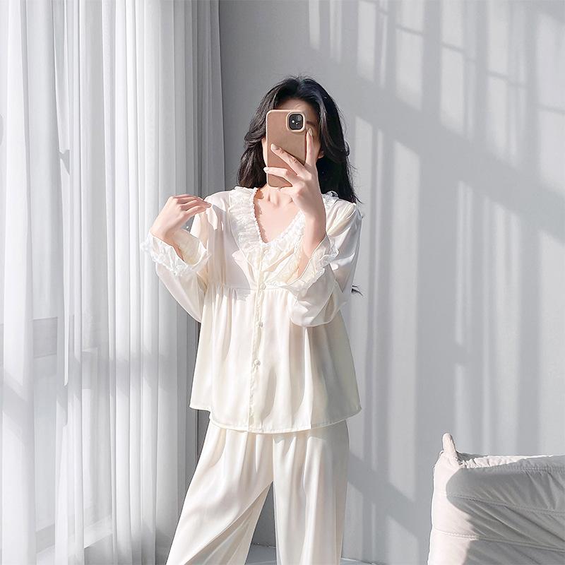 Spring and Summer New Pajamas Women's Long-sleeved Trousers Set, Home Simulation Silk V-neck Comfortable and Breathable Thin Pajamas Set
