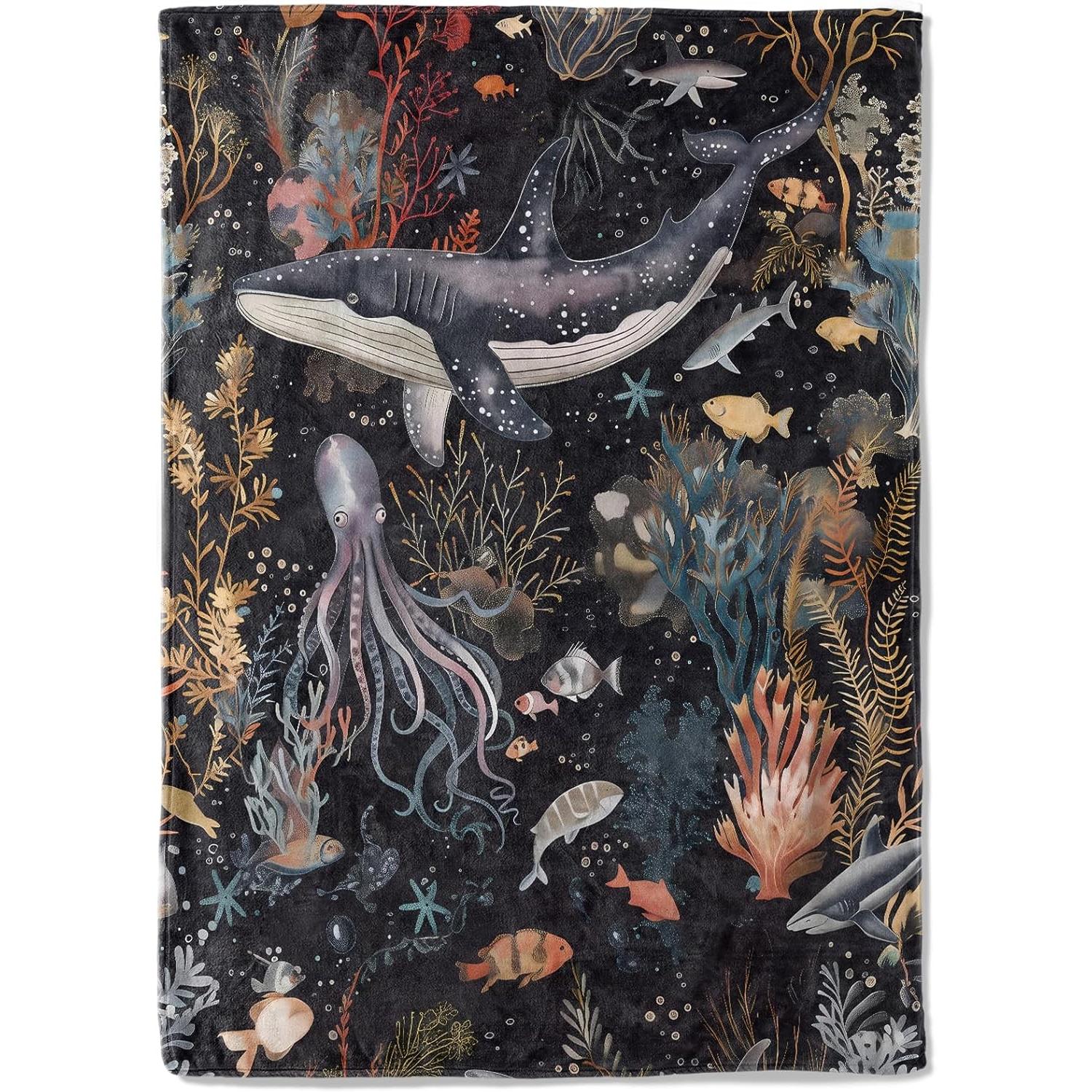 Deep Sea Ocean Life Fleece Blanket,Whale, Octopus, Coral Fish Mystical Marine Scene Throw Blankets,Soft Cozy Lightweight 75x90cm