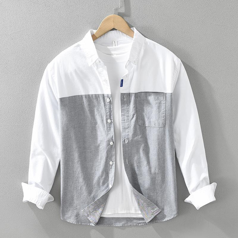 Langarmhemd für Herren im koreanischen Stil Frühling/Herbst Reine Baumwolle Lässige Oberteile Neue Mode Herrenbekleidung Patchworkhemd Jugend