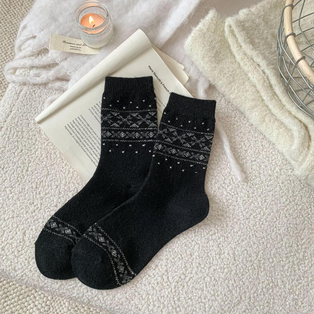 Fair Isle Vlněné ponožky s motivem sobů - Teplé ponožky střední délky v japonském stylu s mašlí na podzim a zimu