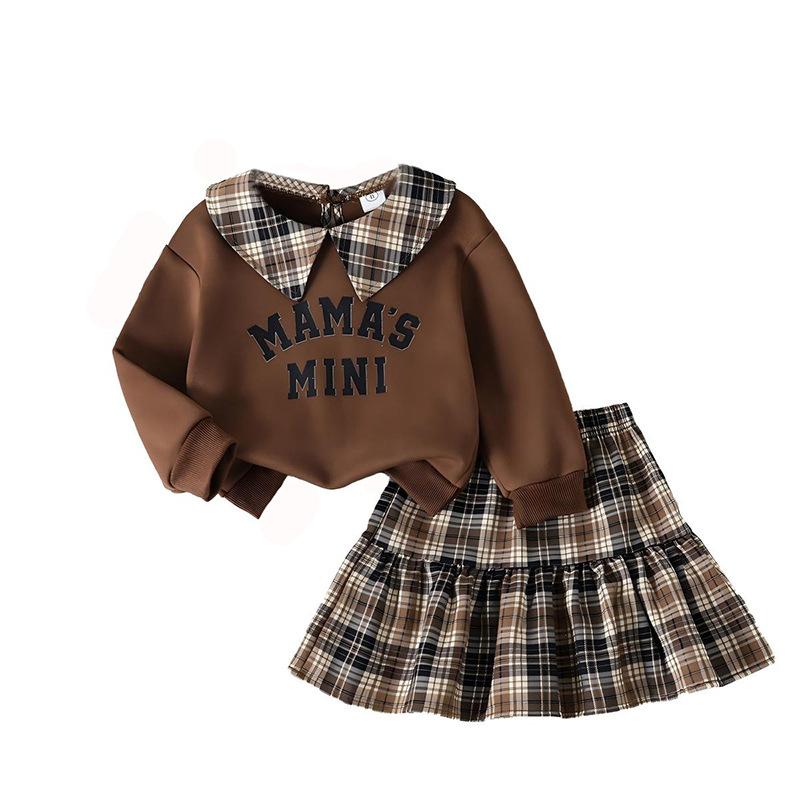 Girls' Fashionable Outfit: Fall Children's Preppy-Style Polo Shirt, Printed Hoodie, and Checkered Skirt Two-Piece Set
