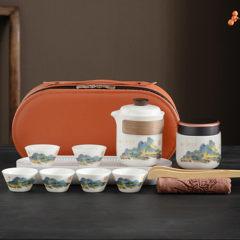 Business small set, simple coarse pottery, portable travel tea set, retro outdoor souvenir, fixed printing, corporate gifts