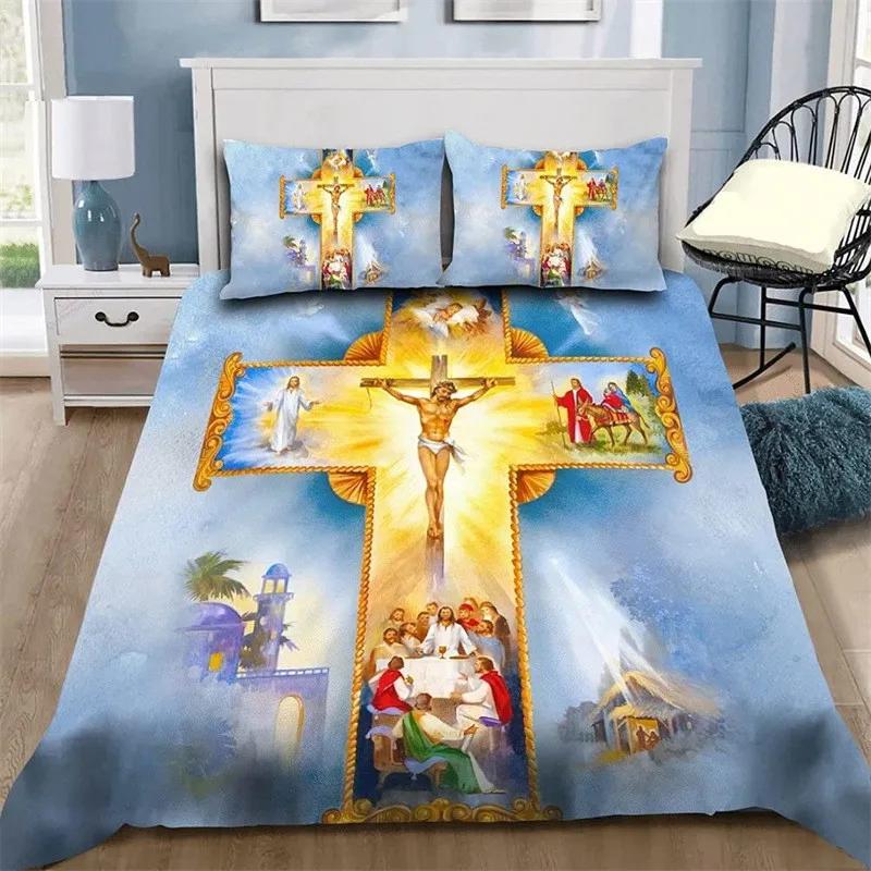 Set Copripiumino 3D Gesù Set Biancheria da Letto in Poliestere Cristiano Sacro Gesù Copripiumino a Croce Adatto per Cristiano Gesù Re