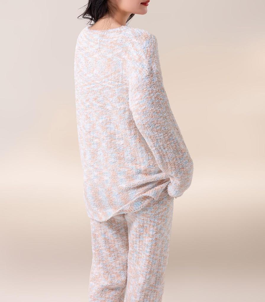 DAYCLOSET Long Sleeve Loungewear Feather Knit Pajamas with Ribbed Thick Belly roomwear207 Beige x Women's Set, Knit, Warmer, Fall/Winter, (JP,