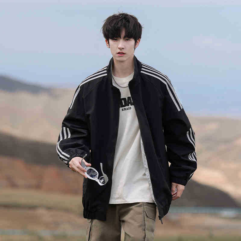 Side Striped Color-blocking Stand Collar Jacket for Men In Spring and Autumn New Loose Casual Sports Jacket
