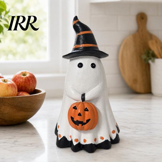 Outdoor Halloween Decoration Ghost Figurine, Cute Wearing Hat And Holding Holiday Vibes Decor Pumpkin Statue, Resin Ornament for Shelf Tabletop