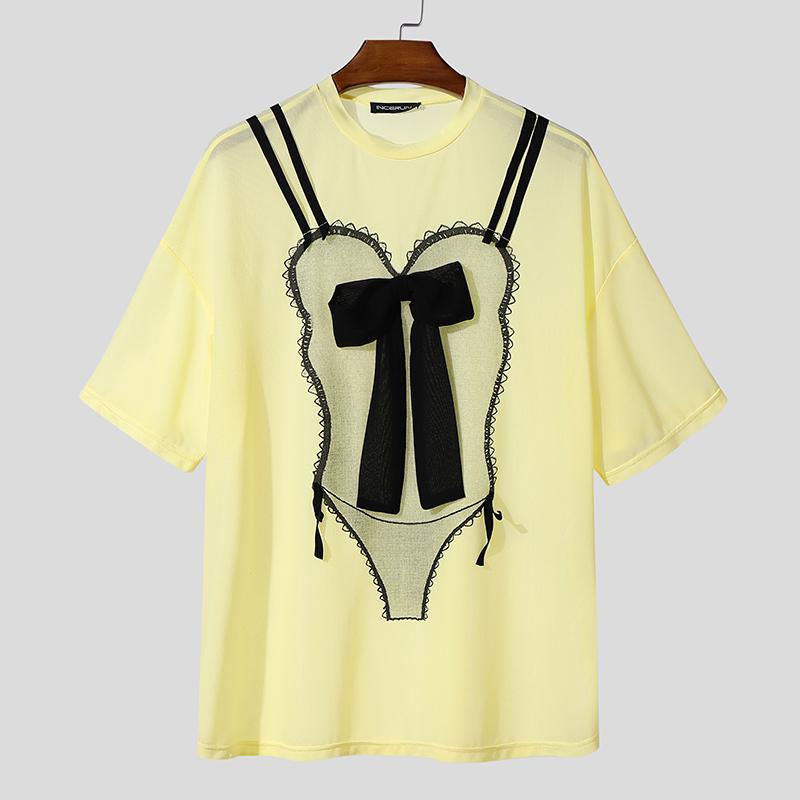 INCERUN Men Short Sleeves Funny Print See Through Casual Losee Tee Tops