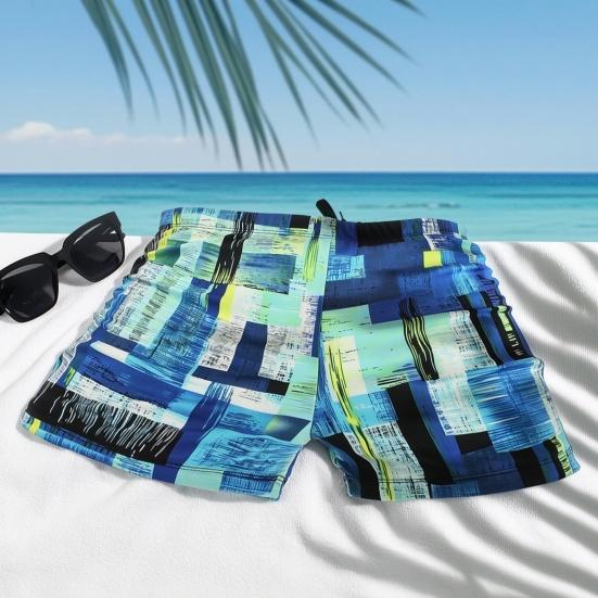 Swimming Trunks Mid-rise Geometric Color Block Design Quick Drying Breathable Swimming Shorts Sun-Resistant Swimwear