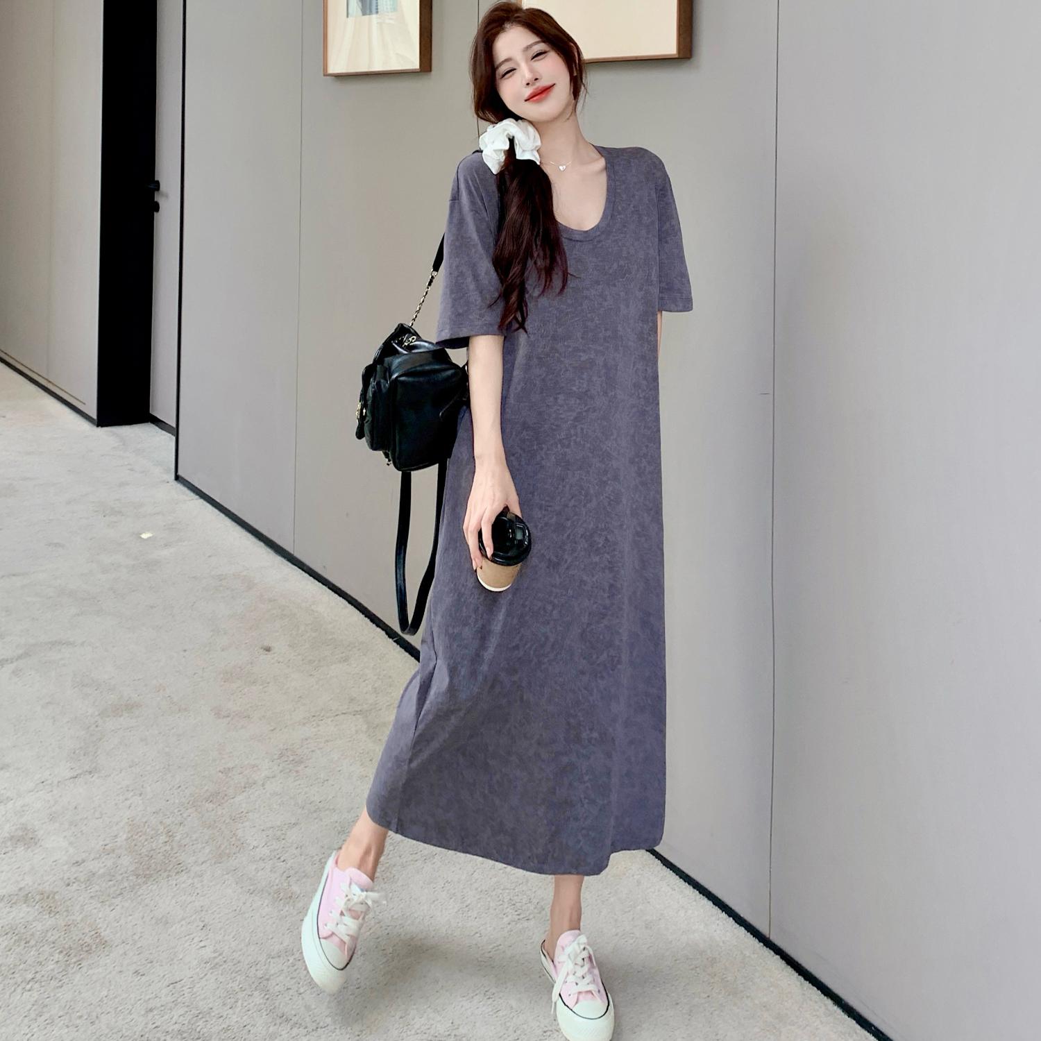 

DIMANAF 2025 Summer Plus Size Dress Women Loose Vintage Short Sleeve Casual Basic Oversized Solid Long Dress XL серый