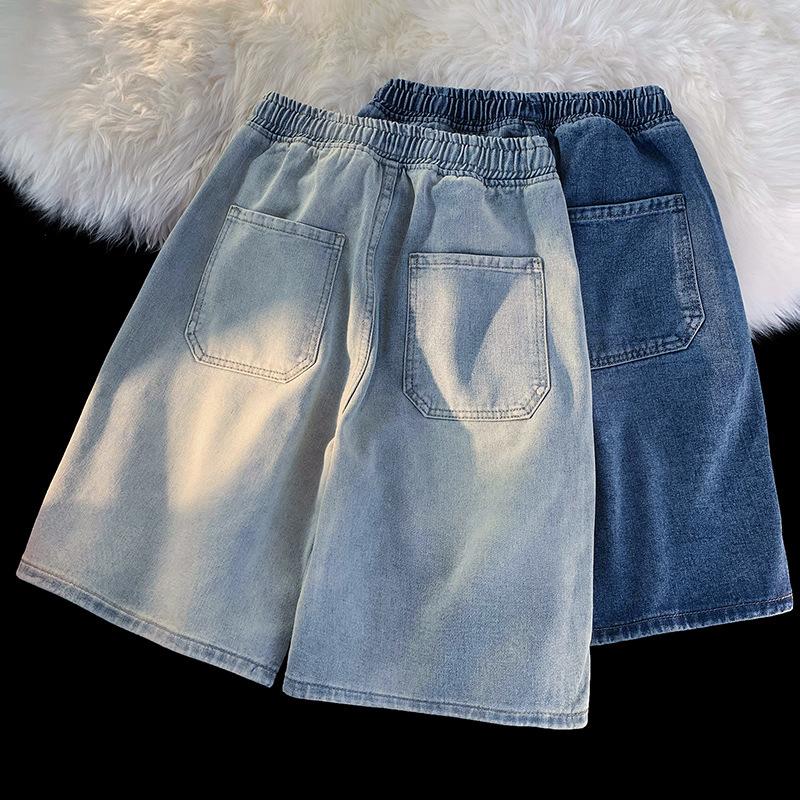 Vintage Men's Jeans Summer Loose Wide Leg Knee Length Shorts New Washed Fashion Short Denim Pants