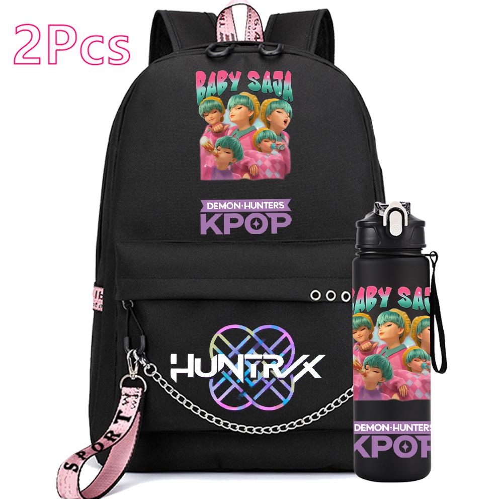 2Pcs/set Anime Cute Kpop Printed Backpack with 750Ml Water Bottler for Teenager Girl Boy Bookbag Kid Gift Large Capacity Travel Bag Rucksak