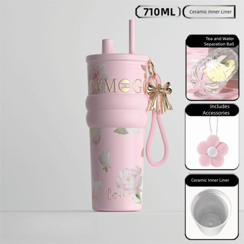 

710ml Insulated Cup Ceramic Inner Liner Dustproof Straw Water Cup with Flower Large Capacity Vacuum Coffee Cup for Women Girls as show розовый