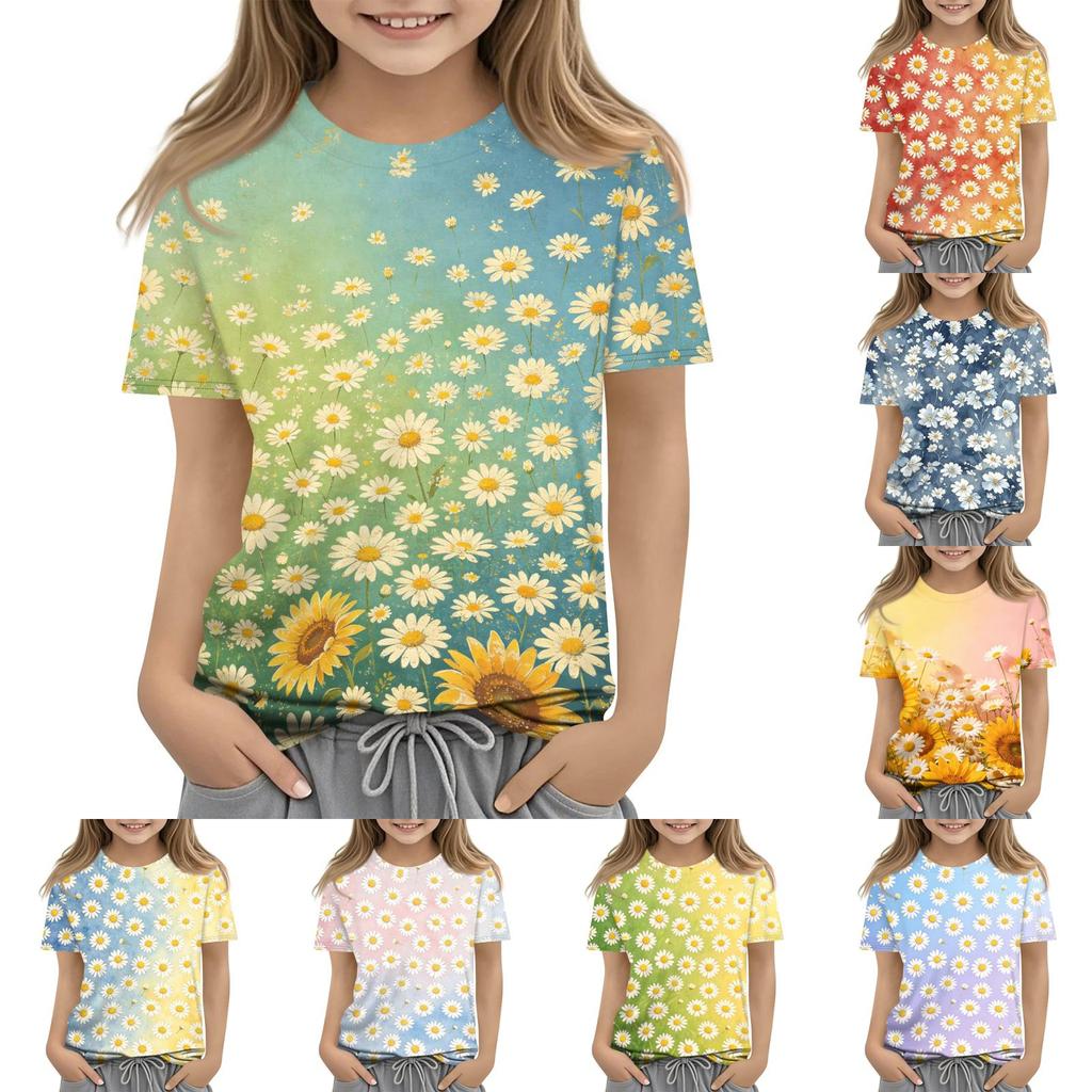Kinder Blumenprint Rundhals Kurzarm Lässiges Lockeres T-Shirt Top für den Alltag Bequemer Stoff