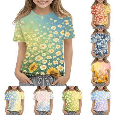 Kinder Blumenprint Rundhals Kurzarm Lässiges Lockeres T-Shirt Top für den Alltag Bequemer Stoff