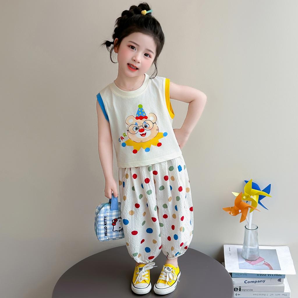 Girls' casual set summer 2026 new children's cartoon vest summer outfit, girls' baby mosquito repellent pants two-piece set